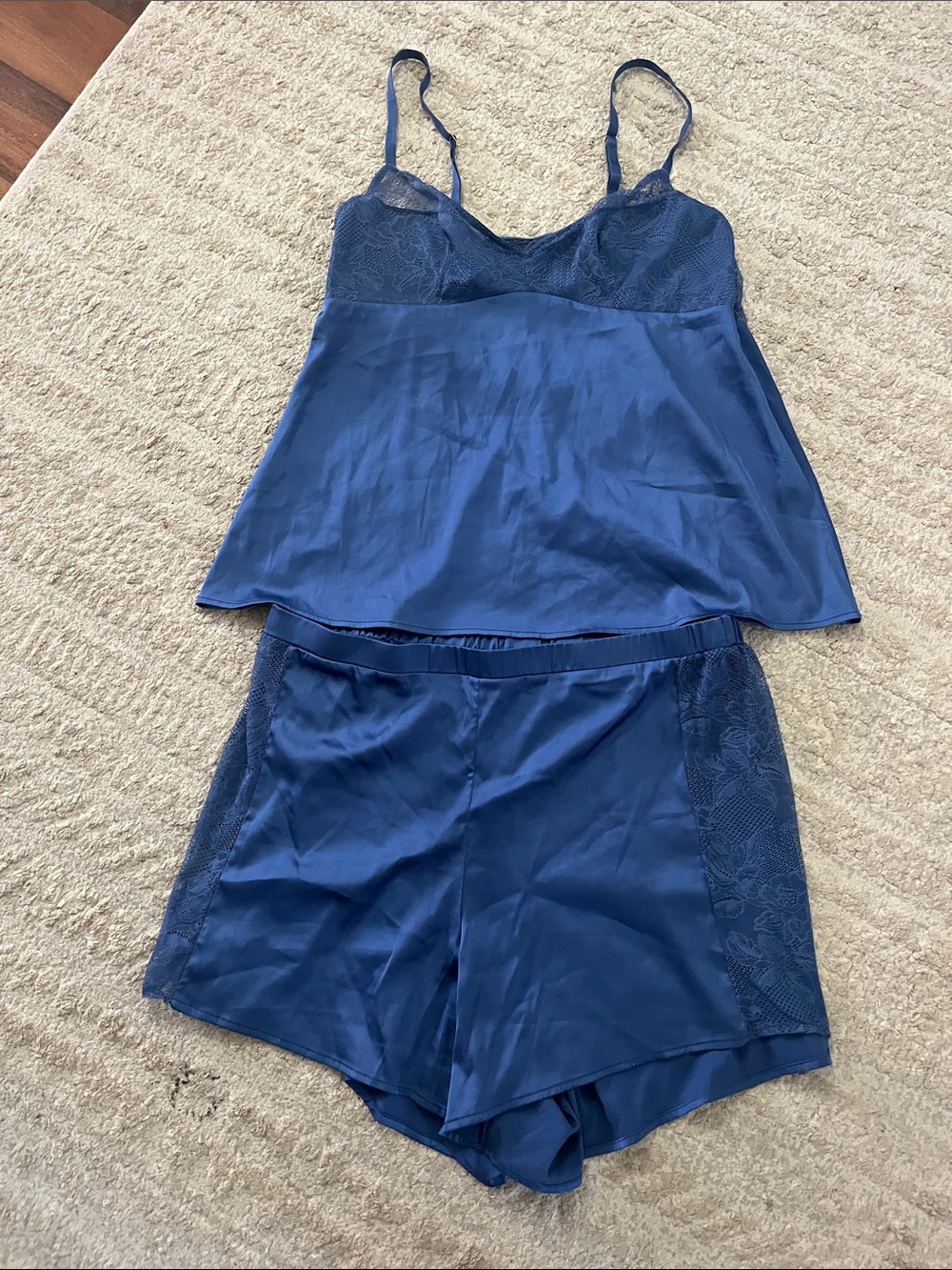 Mentionables Lingerie Blue Lace-Trim Satin Camisole & Shorts Sleep Set L/XL